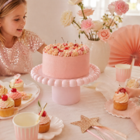 Taartplateau voor kinderfeestjes, bruiloften, babyshowers, lente, roze, blauw, wit, rond, plastic, voor fruit en desserts.