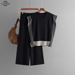 Conjunto de Dos Piezas Tejido Casual con Bloques de Color Lumos para Mujer: Top de Manga Corta con Cuello Redondo y <span class=keywords><strong>Pantalones</strong></span> Holgados - Product Image 4