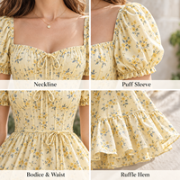 Robe Courte Imprimée Florale pour Femme, Légère, Tissée, Col Nœud Papillon, Manches Bouffantes, Jupe Évasée à Volants, Coupe Trapèze
