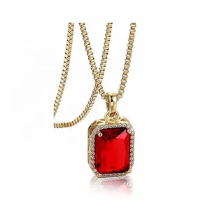 Great Quality Cubic Zirconia Inlaid Red Rudy Stone Gem Rectangle Pendants Copper Necklaces For Men Women