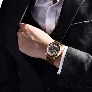 Benyar Men's <b>Skeleton</b> <b>Automatic</b> Mechanical <b>Watch</b> Luminous 50m Waterproof Brown Leather Strap Fashion Wristwatch - Product Image 4