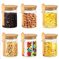 Lot de bocaux hermétiques en verre transparent pour cuisine, avec couvercle en bois, poignée et cuillère, design moderne, vente en gros du fabricant