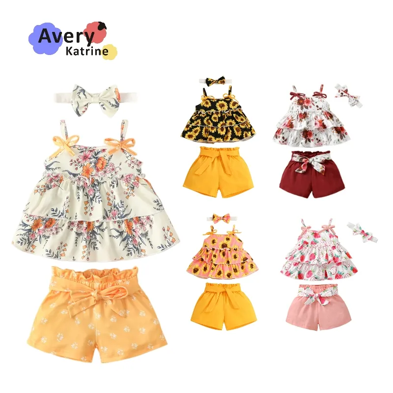 Sleeveless Strapless Flower Bow Top Dress Baby Little kids Toddle Girls Fashion clothes Printing Skirt Shorts 2 Piece Set
