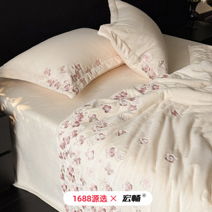 Winter Princess Style Milk Fleece Four-Piece <b>Bedding</b> <b>Set</b> With Embroidered Flowers Warmth Anti-static - Product Image 1