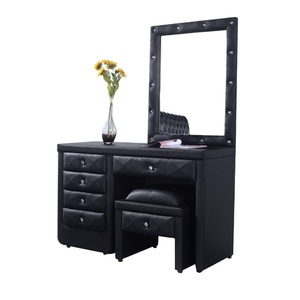 Luxury <strong>Contemporary</strong> Bedside <strong>Dressing</strong> <strong>Table</strong> with Mirror and Stool Black Leather Upholstered Dresser - Product Image 1