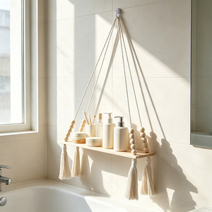 Wooden Tassel Hanging <b>Shelf</b> Rectangle Wall Mounted Bedroom Decorative Storage <b>Rack</b> For Plants And Accessories - Product Image 2