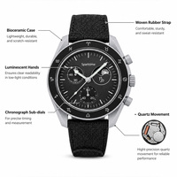 Montre Sport Chronographe à Quartz en Céramique, Phase de Lune, Écologique, Légère, 42mm, Étanche 3ATM, Bracelet Caoutchouc 22mm, Design Zodiaque