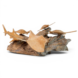 Escultura de Animales Marinos de Madera Hecha a Mano, Diseño Costero Tallado, Decoración de Lujo Art Deco con Tortuga Marina y Manta Ray para Sala de Estar - Product Image 3