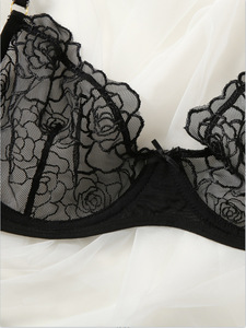 Conjunto de lencería de encaje negro al por mayor para mujer, sujetador con aros y bragas de tanga de malla, conjunto de 2 piezas, lencería transparente. - Product Image 3
