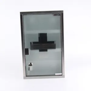 Medical Cabinet First Aid Locking Door and 2 Shelves, Made of Stainless Steel & Frosted Glass Wall Mount Storage Container