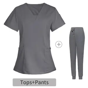 2024 사용자 정의 로고 짠 방수 스판덱스 간호사 병원 스크럽 세트 탑 간호 세트 여성을위한 의료 병원 유니폼