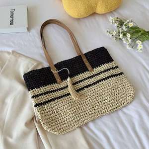 Sac à bandoulière noir en paille tressée à deux anses, carré horizontal avec pompons, fermeture éclair, portable pour le quotidien - Product Image 2