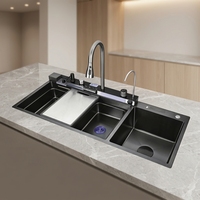 Évier de cuisine multifonctionnel de luxe noir intelligent moderne en acier inoxydable avec cascade, lave-tasses intégré, écologique et économe en eau