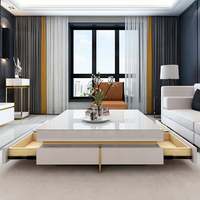 Table basse carrée moderne blanche avec tiroirs, dessus en verre trempé et pieds en métal