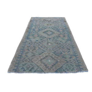 Alfombra turca Kilim de 5,2x8,8 pies, diseño de retazos azul y marrón, técnica de tejido plano de látex de lana para sala de estar, pasillo, Tabriz - Product Image 1