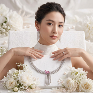 ชุดสร้อยคอทองเหลืองชุบโรเดียมประดับเพชรคิวบิกเซอร์โคเนียสีชมพู ชุดเครื่องประดับเพชร CZ แบบพู่ห้อยสำหรับเจ้าสาว สำหรับผู้หญิง - Product Image 3