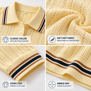 เสื้อโปโลถักไหมพรมสีเหลืองสำหรับผู้หญิง สไตล์ Old Money แขนสั้น เสื้อกอล์ฟ รับทำโลโก้ตามสั่ง OEM แบรนด์ส่วนตัว เสื้อถัก - Product Image 2