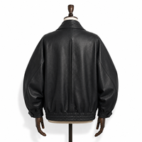 Veste Courte Décontractée pour Femme en Peau d'Agneau Plongée Non Enduite Noire, Coupe Oversize, Coupe-Vent Hiver, Col Large, Style Rétro, Col Cranté