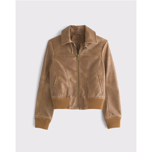 LEDUO Vintage Breathable Windproof <b>Spring</b> Short Brown PU Leather Shrunken Bomber <b>Jacket</b> with Zipper for <b>Women</b> - Product Image 1