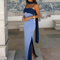 Robe longue femme prête à être expédiée, bicolore, à fines bretelles, col foulard, dos nu, coupe ajustée, élégante, pour soirée d'été