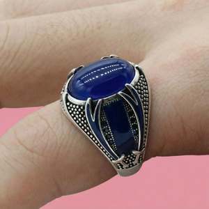 Anelli Islamici Retrò Punk, Gioielli Musulmani di Tendenza, Anello Vintage Turco con Doppia <span class=keywords><strong>Spada</strong></span> e Pietra Nera per Uomo - Product Image 1