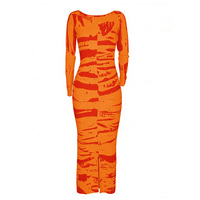 Nouvelle Robe Midi Décontractée Élégante à Manches Longues Imprimée et Élastique Coupe Moulante pour Femme, Collection Printemps 2026, Couleur Orange Brûlé