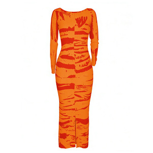 Nuevo Vestido Midi Casual Elegante Estampado Elástico Bodycon de Manga Larga para Mujer, Colección Primavera 2026, Color Naranja Quemado - Product Image 5