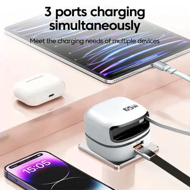 65W USB Type C Phone Charger Portable Mini Fast Charger Universal Travel Adapter Telescopic Cable EU/UK Plug for GaN USB PD