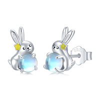Bijoux animaux Boucles d'oreilles en argent sterling 925 émaillé Lapin mignon avec pierre de lune pour femmes