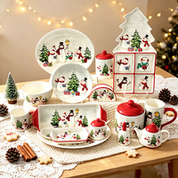 Nordisches Weihnachtstier-Prägedesign Einweg-Porzellan-Geschirrset, Gesundes Schüssel-Tassen-Teller-Set, Mikrowellengeeignet