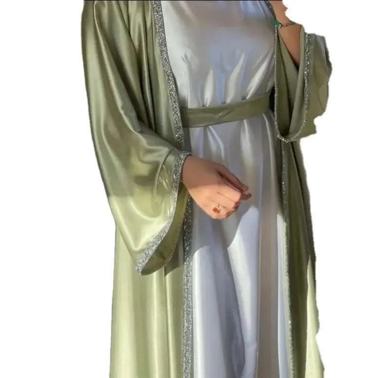 Desain 2024 Lebaran Dubai Islamic elegan sederhana Abaya wanita Muslim gaun Dalaman Slip gaun Abaya Set berlian Satin sutra terbuka Abaya