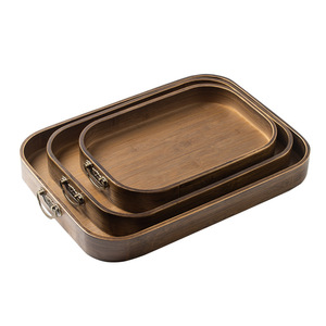 Ensemble de plateaux de service en bambou couleur noyer avec poignées métalliques, plateaux rectangulaires pour thé, café, usage hôtelier - Product Image 1