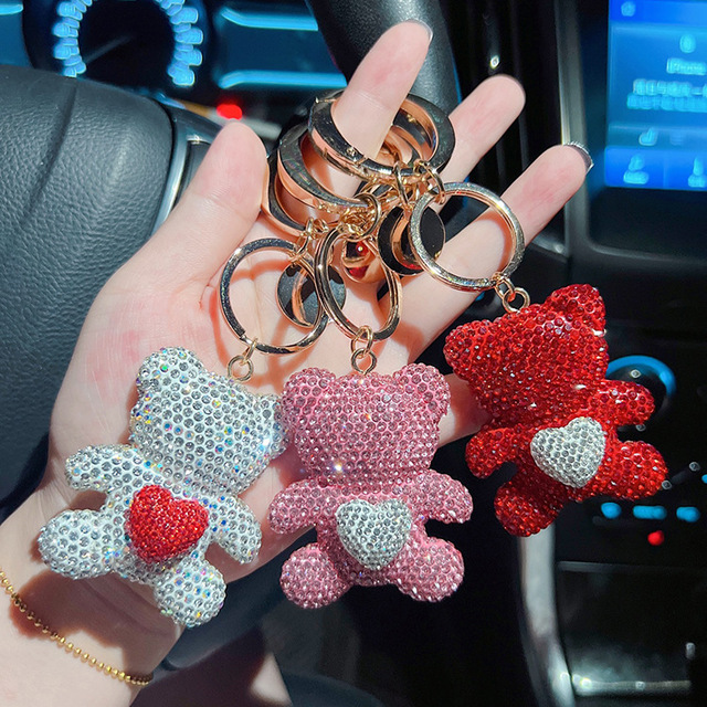 Fashion Bling Rhinestone Teddy Bear Keychain with Heart, Cute Crystal Diamond Bear Key Ring for Women, Car Bag Charm Pendant