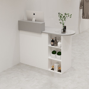 Bureau d'accueil minimaliste moderne avec étagère de rangement, finition blanche et bois, pour bureau ou salon - Product Image 4