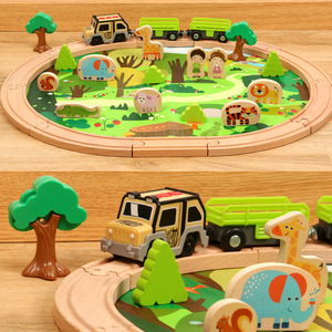 Il popolare treno educativo di 32 pezzi di animali della giungla in legno traccia il treno giocattolo e la costruzione di automobili per bambini - Product Image 2