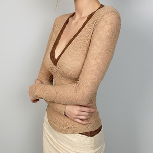 Stretch Breathable Eco-Friendly Solid Minimalist <b>Lace</b> Trim V-Neck Fitted Long <b>Sleeve</b> Shirt Women Base Layer Tops 2025 New - Product Image 3