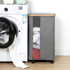 Foldable <b>Laundry</b> Hamper Grey Rectangle <b>Standing</b> Type For Clothing Storage With Mesh Panel And Wheels - Product Image 1