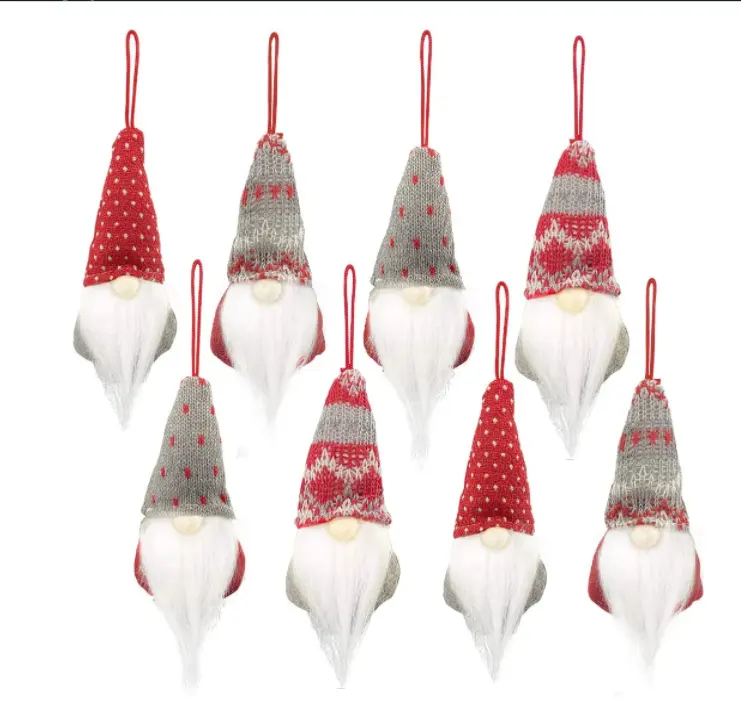 Gnomes Christmas Tree Ornaments Set of 8, Handmade Plush Gnomes Santa Elf Hanging Home Decorations Holiday Decor