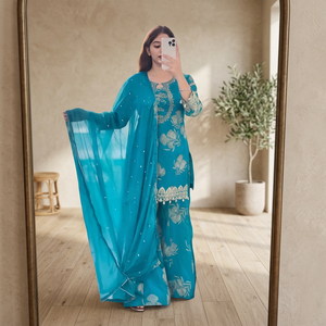 New Designer Georgette Solid Party Wear <b>Top</b>-Plazzo and Dupatta with Heavy Embroidery - Product Image 1