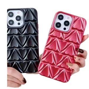 Fundas de teléfono móvil para iPhone 15 14 13 12 Promax rejilla de diamante tridimensional corazón agujero grande cubierta protectora resistente a caídas