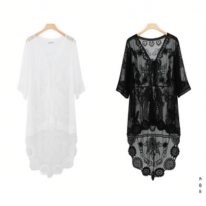 HDJ Copricostume Kimono in Pizzo, Abito da Spiaggia a Maniche Lunghe con Scollo a V Asimmetrico, Vestibilità Ampia, Lunghezza Midi, in Chiffon Traspirante, Taglie Forti, Bianco Nero 88023 - Product Image 1