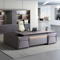 Table de direction modulaire multifonctionnelle en forme de L, de haute qualité, marron, moderne, luxueuse, avec éclairage LED, en placage de bois MDF, garantie 3 ans
