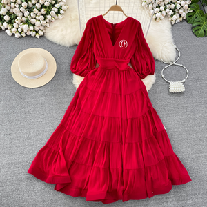 All'ingrosso elegante abito lungo in Chiffon da donna Casual plissettato mezza lanterna manica scollo a V con cerniera naturale lavabile - Product Image 3
