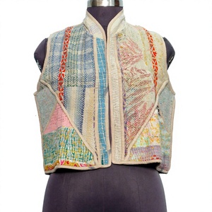 Indian Handmade Knitted Short <b>Kantha</b> Vest <b>Jacket</b> Eco-Friendly Winter Women's Vintage Patchwork Regular Cotton V-neck Sleeveless - Product Image 1