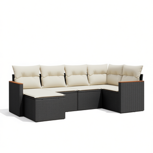 Cream White And Black <b>Rattan</b> Garden <b>Sofa</b> Set With Cushions 6 Seater Outdoor Furniture Contemporary Design - Product Image 1