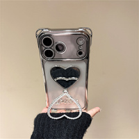 Coque de téléphone avec miroir de maquillage en forme de cœur en strass pour iPhone 18 17 Pro Max 16 15 14, avec chaîne de poignet et protection d'angle électroplaquée