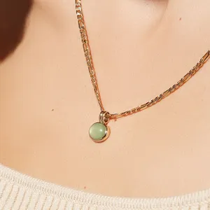 Gioielli di giada verde collane con ciondolo in pietra naturale impermeabile con collegamento a catena Figaro in acciaio inossidabile placcato oro 14K per le donne - Product Image 3