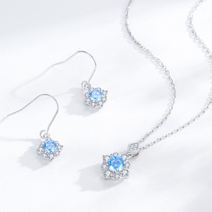Round <b>Blue</b> Cubic Zirconia Halo Jewelry Set Vintage Flower <b>Necklace</b> Fish Hook Dangle Earrings Women Bridal 2Pcs Set - Product Image 4