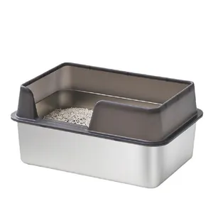 Caja de arena para gatos semicerrada de acero inoxidable para gatos grandes Caja de arena de fácil limpieza