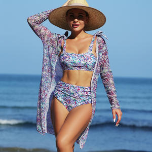 RUIQUWIN Ensemble 3 pièces tendance, style smock, taille haute, respirant, avec bikini à cordon de serrage et fronces, maillot de bain sexy pour l'été, la plage, la piscine et les vacances, XXL - Product Image 4